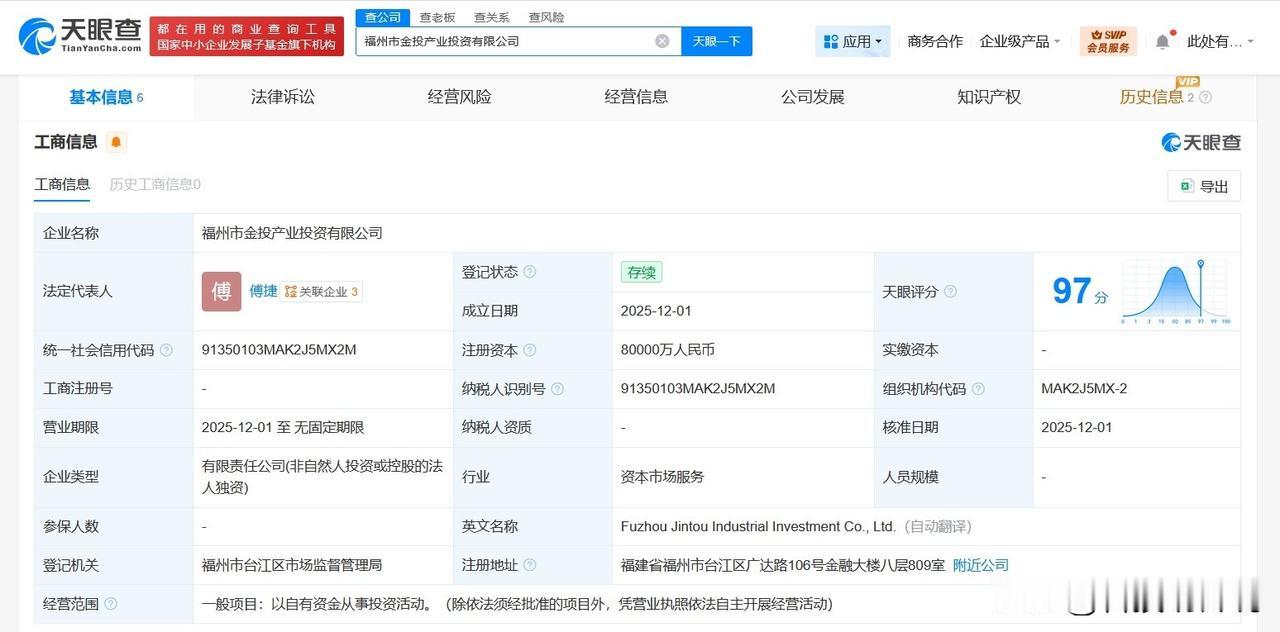 【福州市金投产业投资公司成立 注册资本8亿】
天眼查App显示，近日，福州市金投