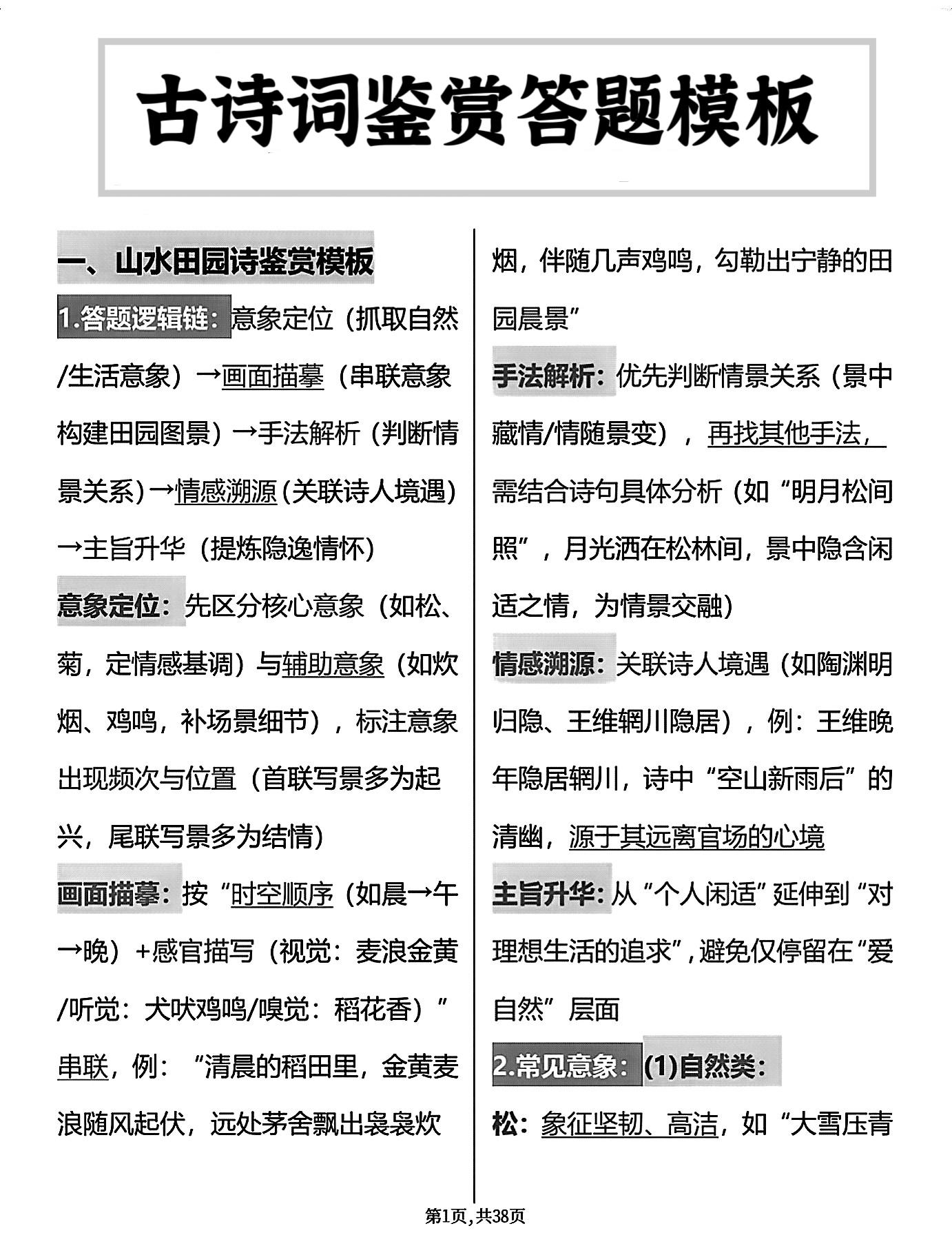 古诗词鉴赏答题模板，新学期第一次月考肯定用得上，建议每天看一遍