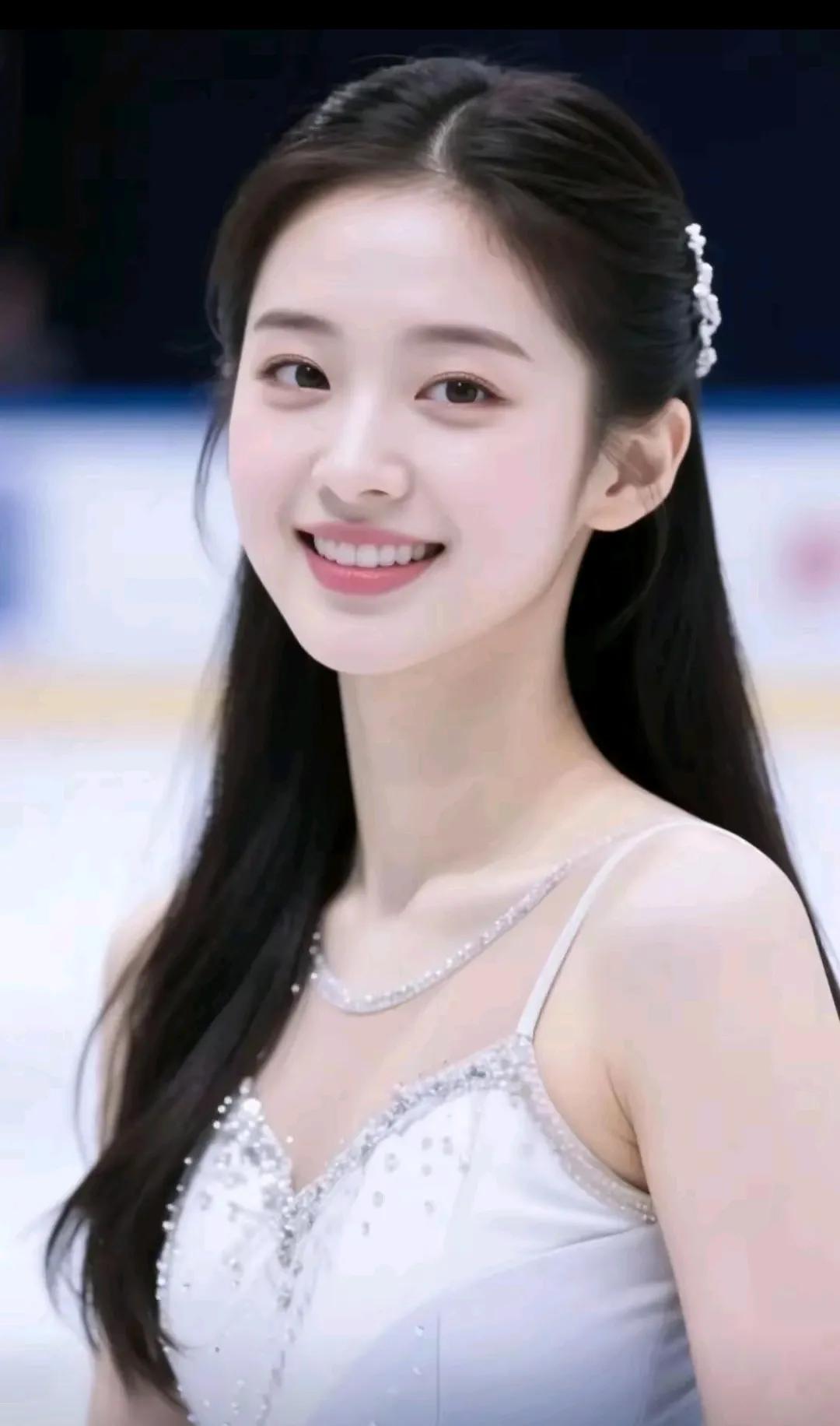 冰场上的优雅少女，笑容如春日暖阳。