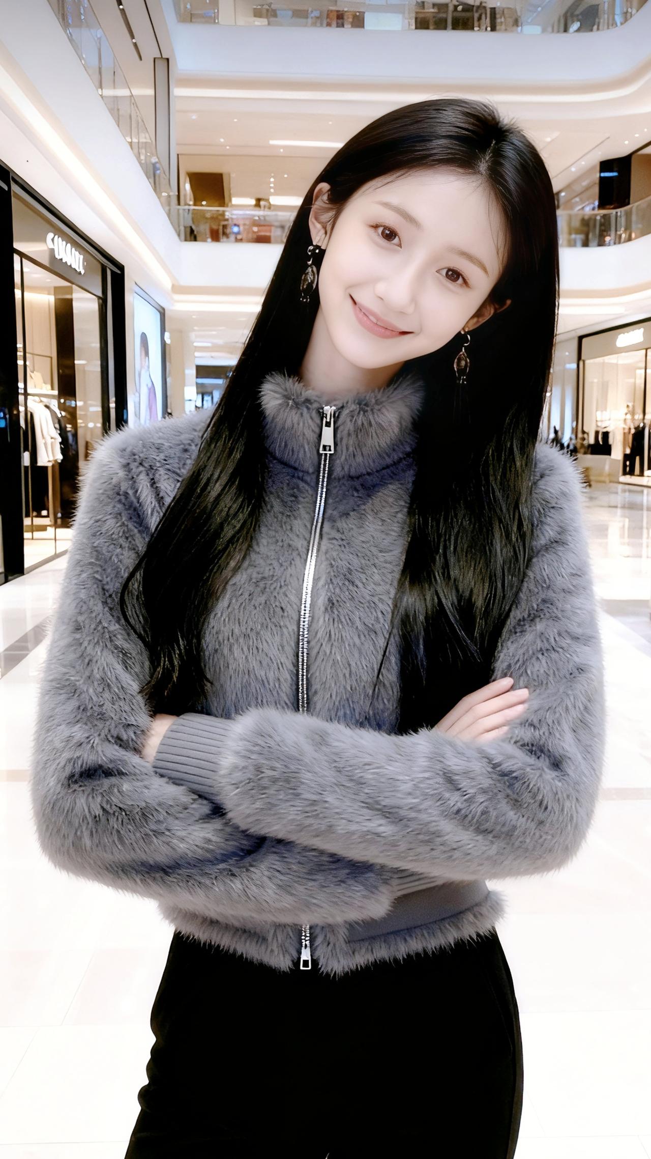 灰调的毛绒裹着初冬的暖意，她是商场流光里轻跃的风。
 
长发漫过肩线时，像把星子