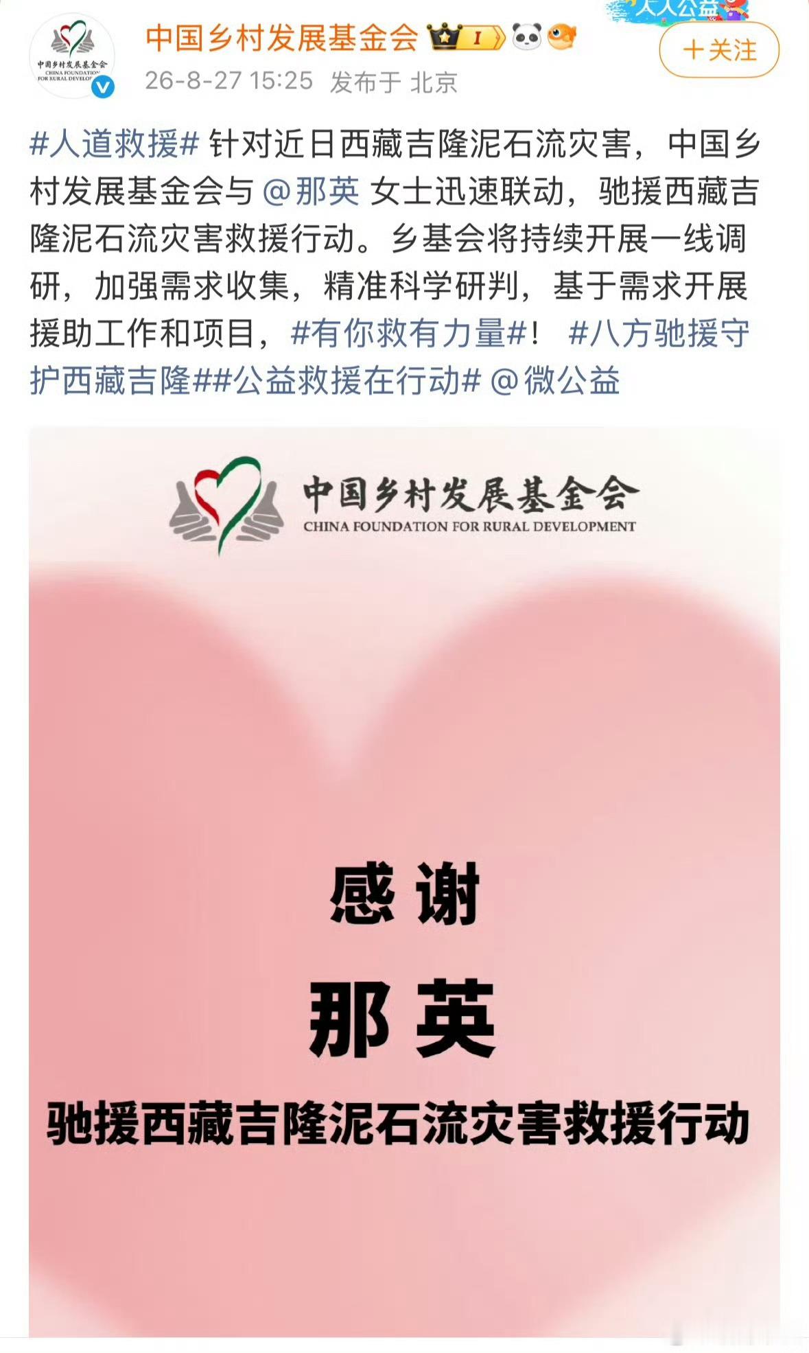 那英驰援西藏面对西藏突如其来的灾情，那英迅速联动公益机构伸出援手，支援灾区救援与
