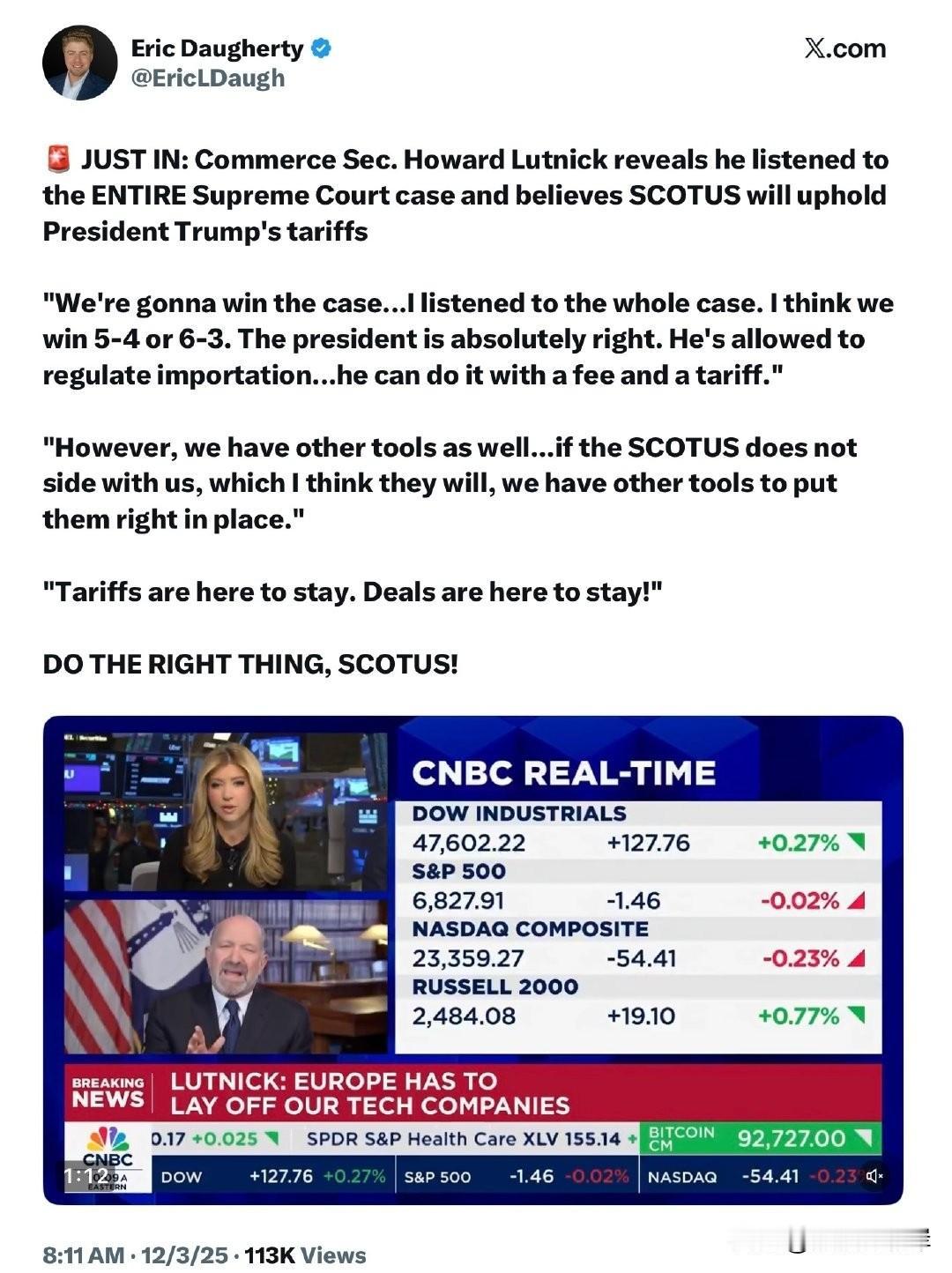 突发：商务部长 Howard Lutnick 透露，他全程旁听了最高法院的庭审，