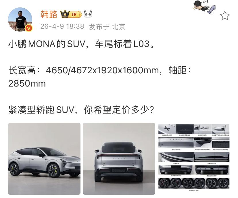 韩路：小鹏MONA的SUV，车尾标着L03。

长宽高：4650/4672x19