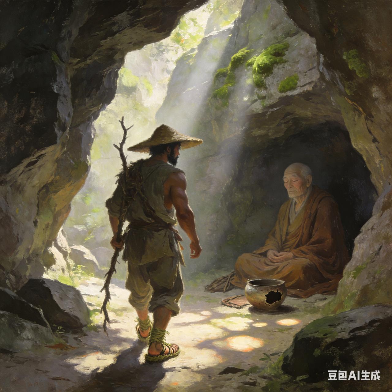 明朝时，有个年轻樵夫上山砍柴，见山洞中坐着一位老僧正在打坐。老僧招手请他进去，说