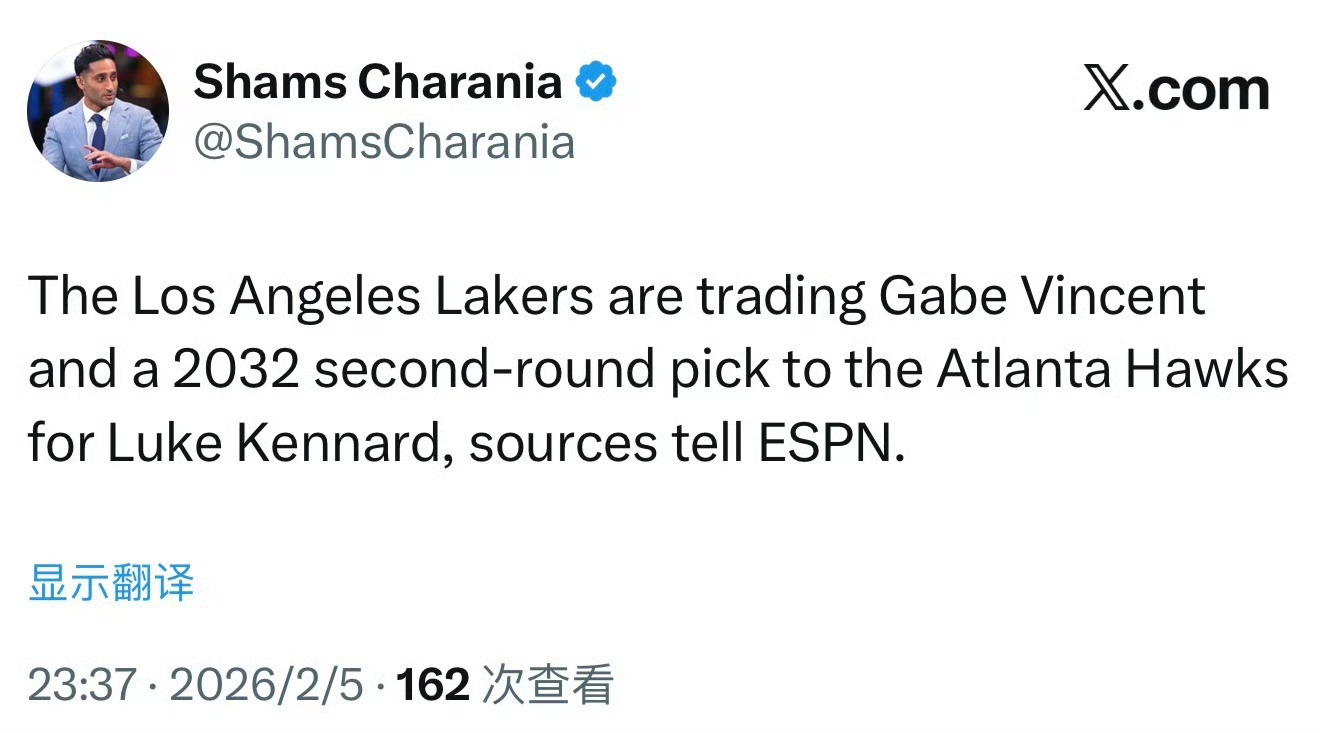“湖人终于交易了”。Shams报道，洛杉矶湖人队将加布·文森特和 2032 年第