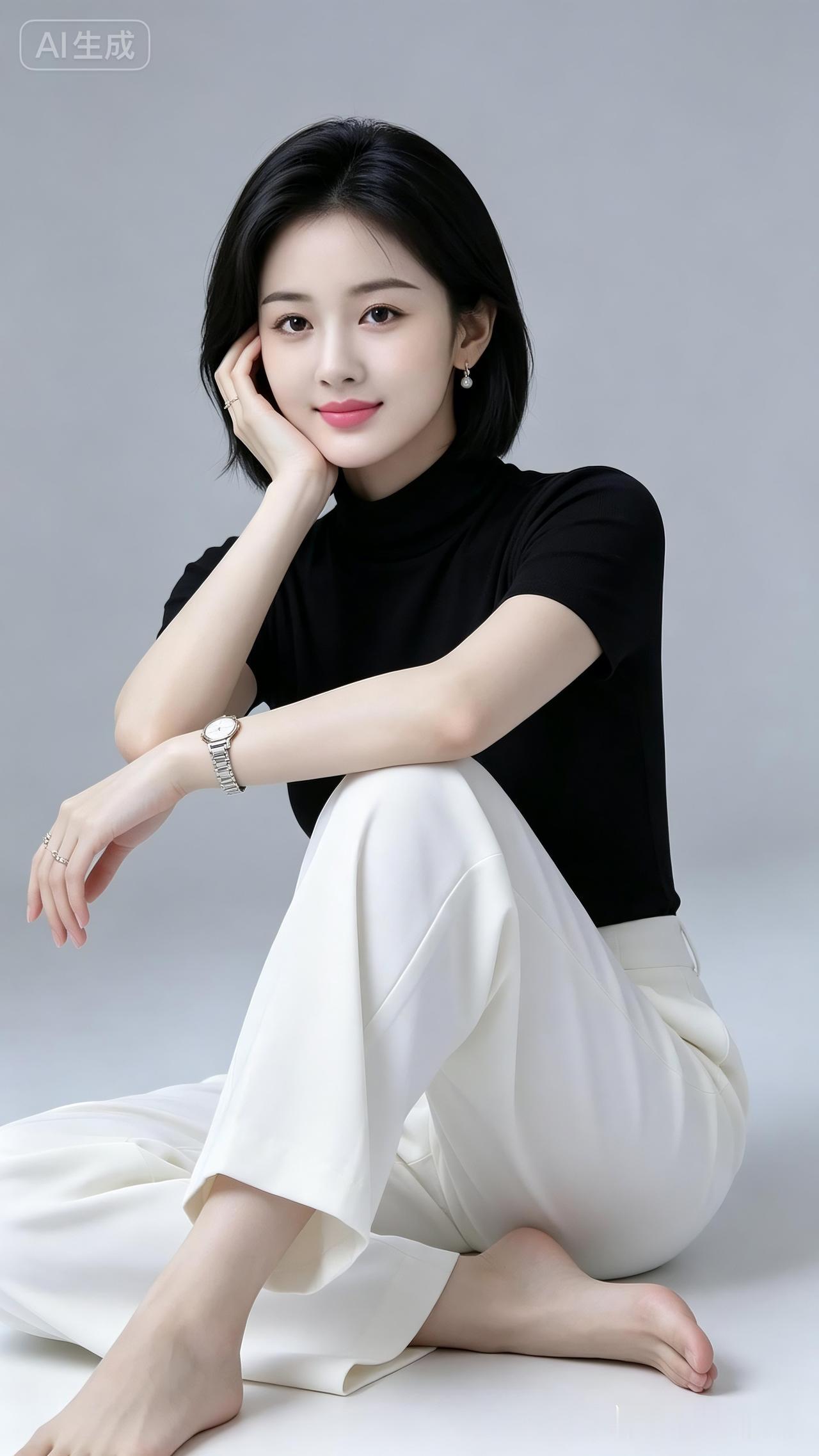利落黑短发女子抹粉色口红，身着黑色高领短袖搭配白阔腿裤，腕间银表精致，赤脚闲适落