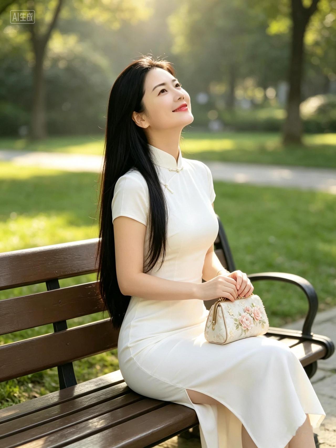 白衣佳人倚长椅，微笑轻吟细语流。
