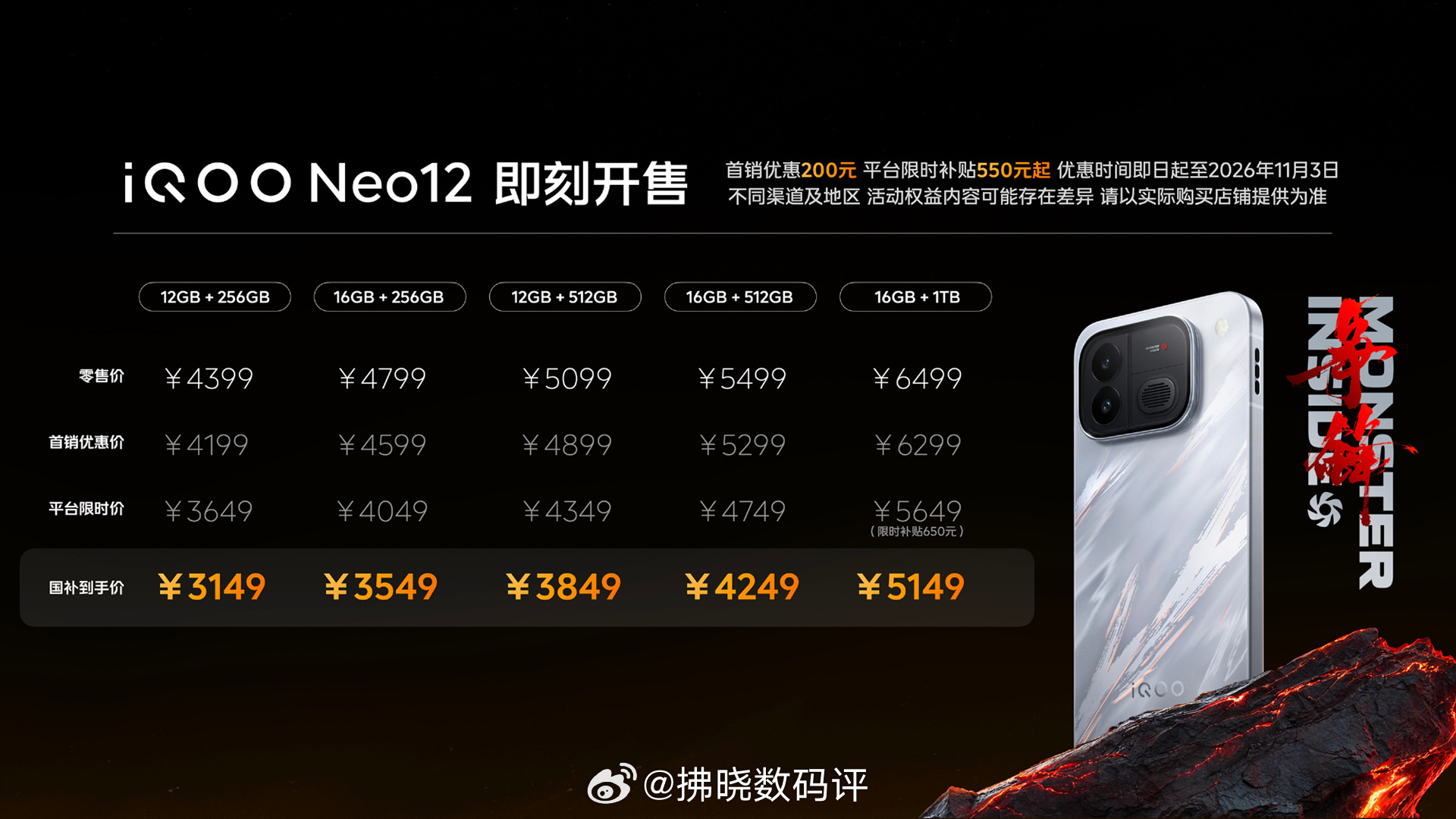 iQOO Neo12价格正式公布！· 12GB+256GB：4399（补惠后：3