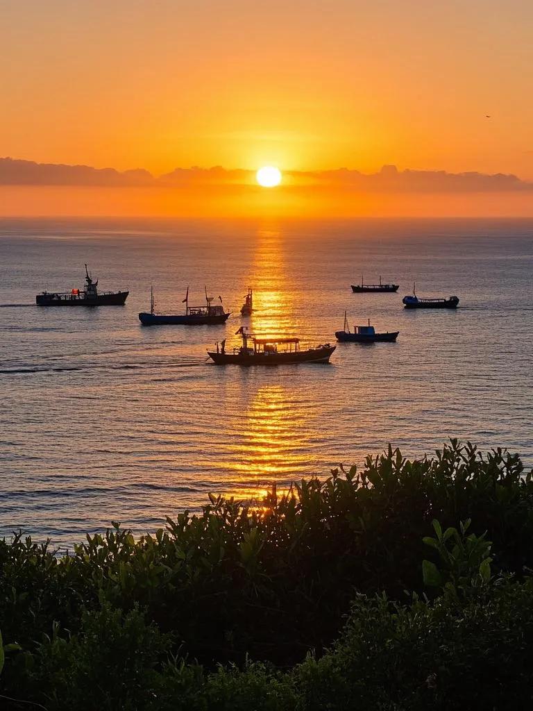 夕阳照东海，船队踏浪回。植被镶金辉，海天共此魅，风光旖旎客忘归。迎着落霞来看海 