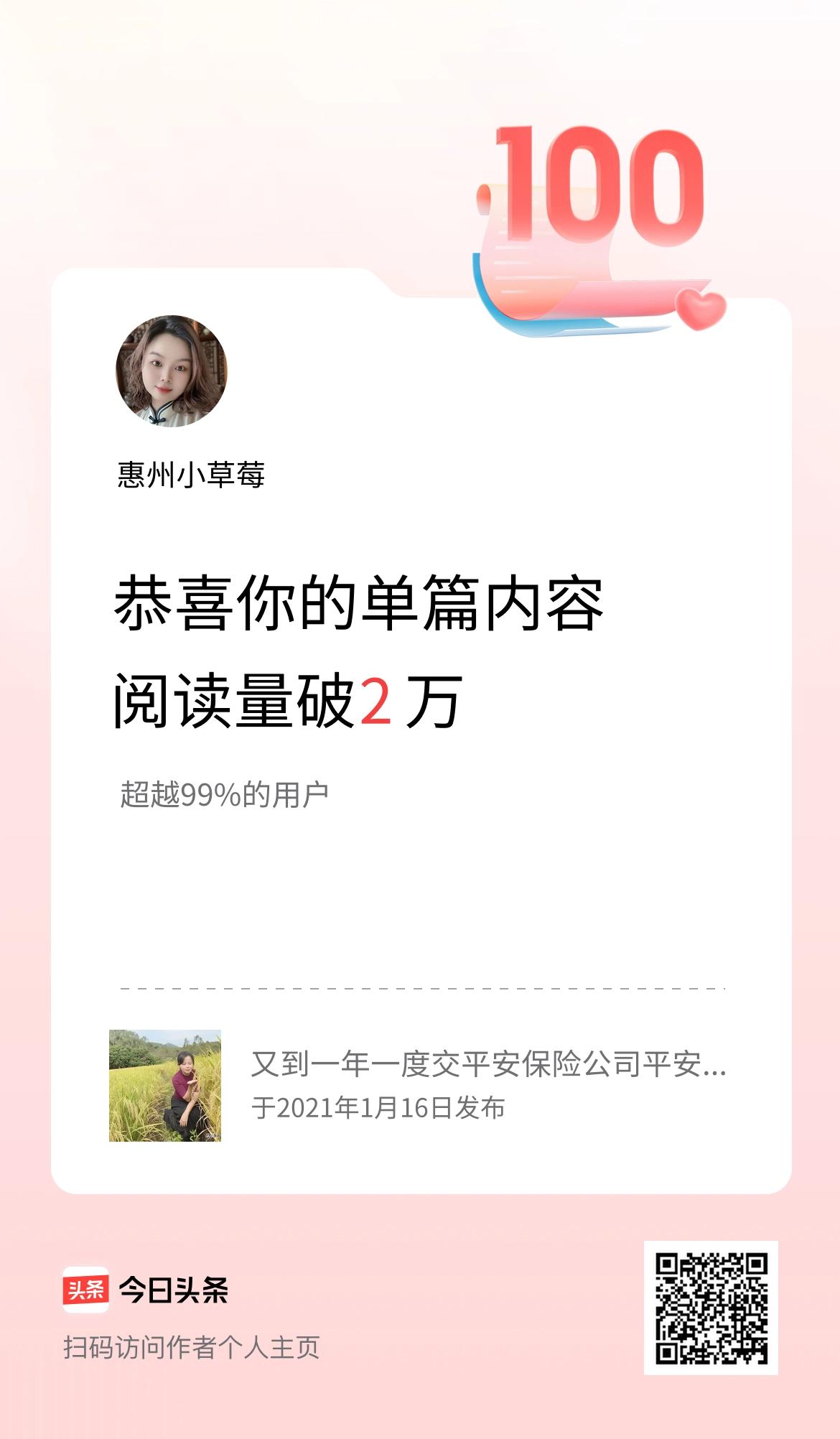 单篇内容获得阅读量破2万啦！