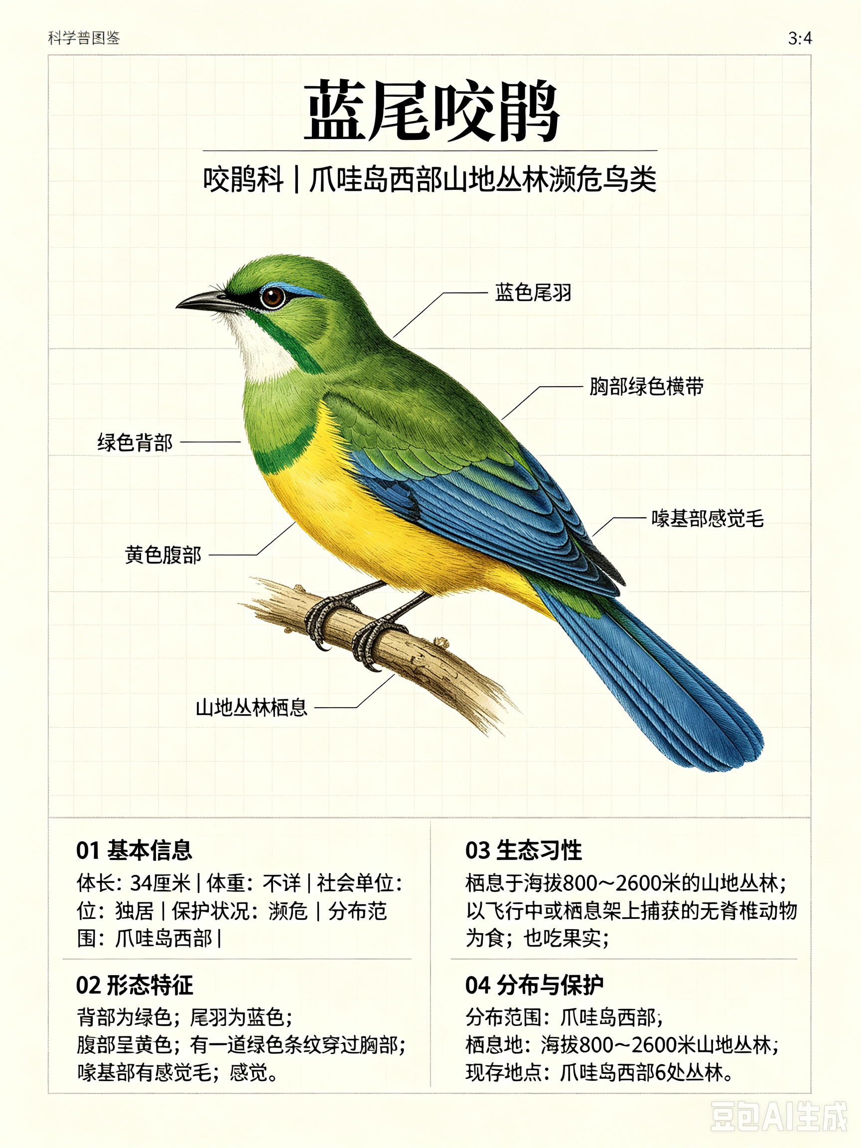 鸟类朋友图鉴 蓝尾咬鹃体长：34 厘米体重：不详社会单位：独居保护状况：濒危分布