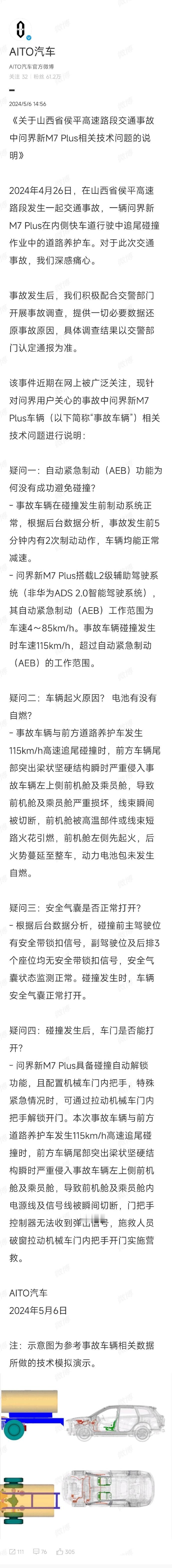 问界回应M7高速公路碰撞事故疑问
1、事发车辆并未搭载ADS系统（为福瑞泰克的单