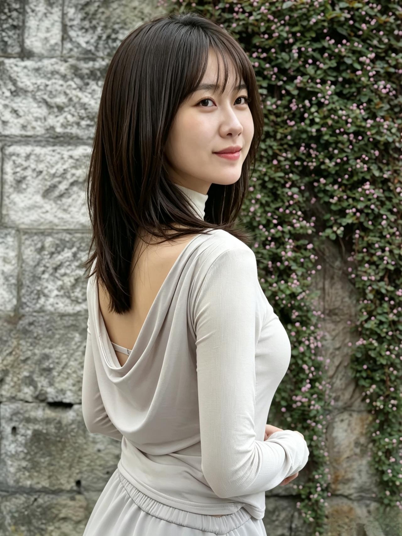 软衣轻露背如霜，侧首嫣然眼带光。
满壁繁花皆失色，清风只绕美人香。