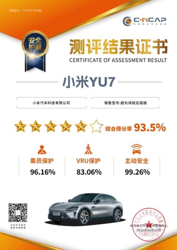 小米YU7拿到C‑NCAP五星+评级挺靠谱。车身钢材用料舍得下本钱，全套智驾硬件