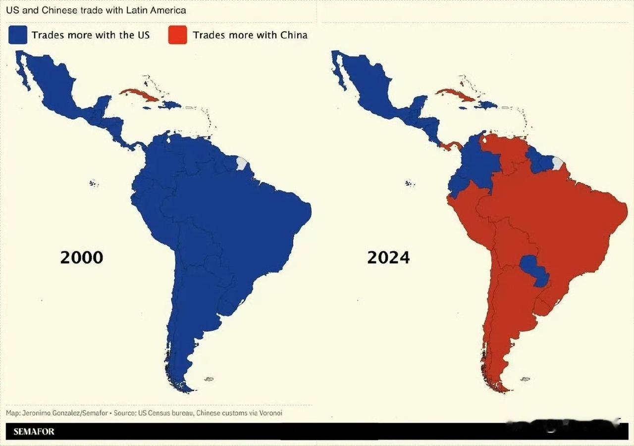 2000 vs 2024 拉丁美洲国家与中美的贸易关系图道尽了24年间全球地缘经