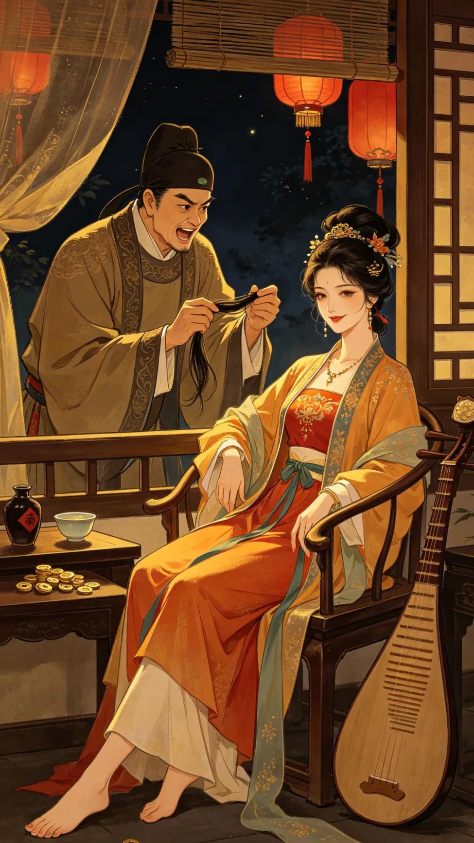 西门庆是个委琐发育的人。受情妇李桂之“命”，回家去要剪潘金莲头上一绺头发，以示是