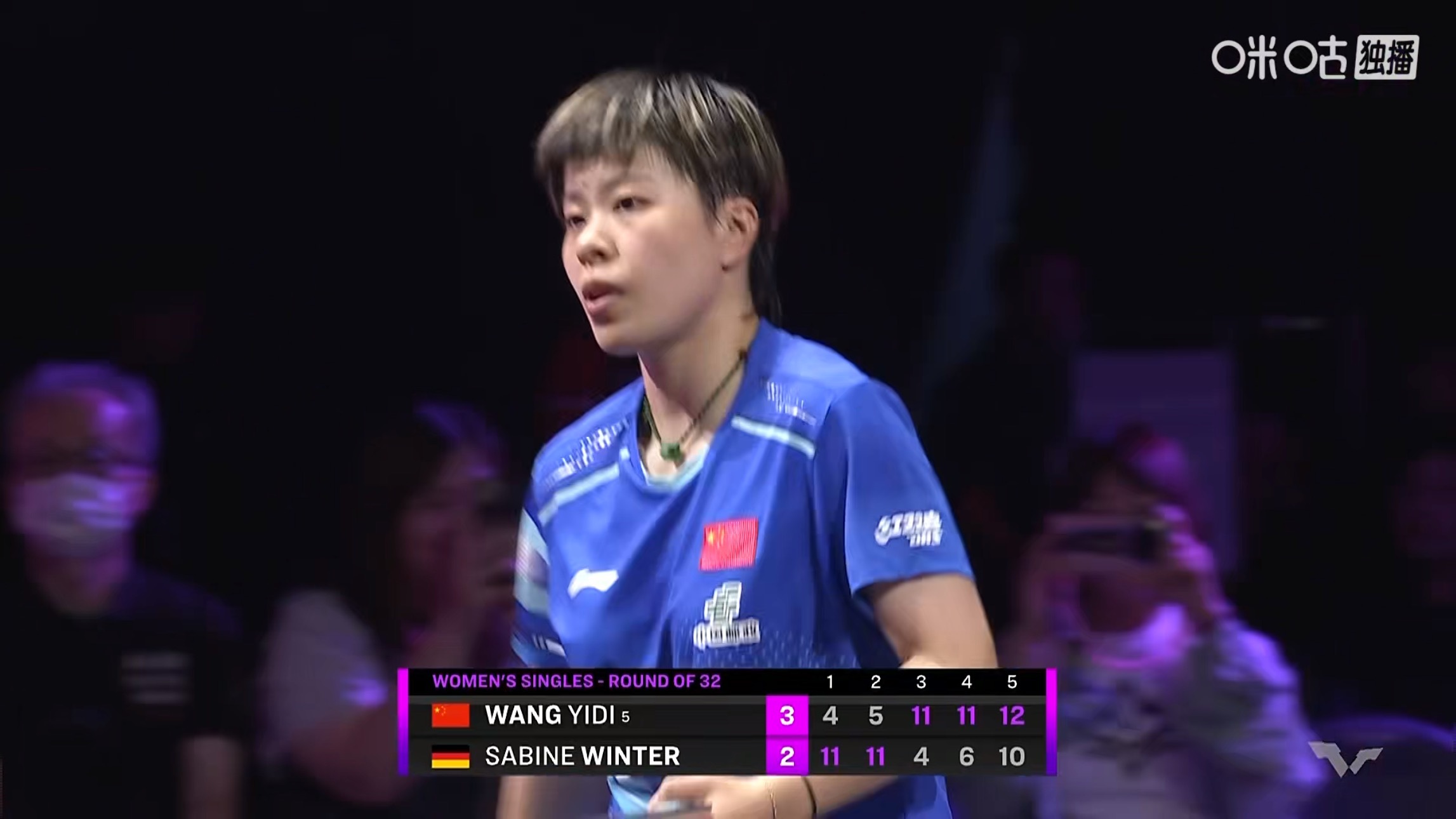 王艺迪3比2温特(4-11，5-11，11-4，11-6，12-10)晋级女单次