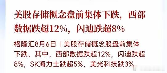利空来袭！美股存储盘前又崩了，三天两头来一次，这次又是什么故事。西部数据跌超12