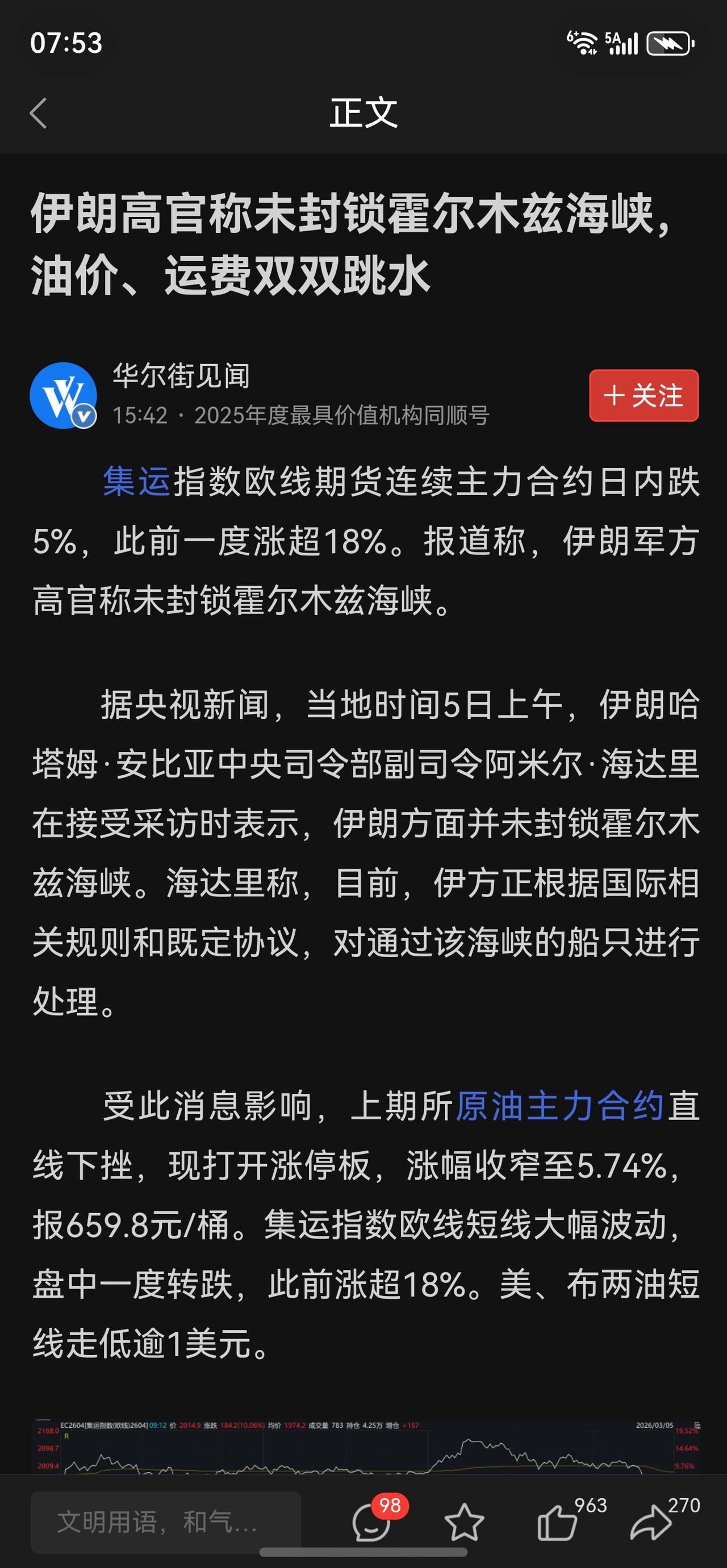 今天下午航运和石油跳水…说是受到这个消息的影响。
我就很好奇，伊朗的这位高官是谁
