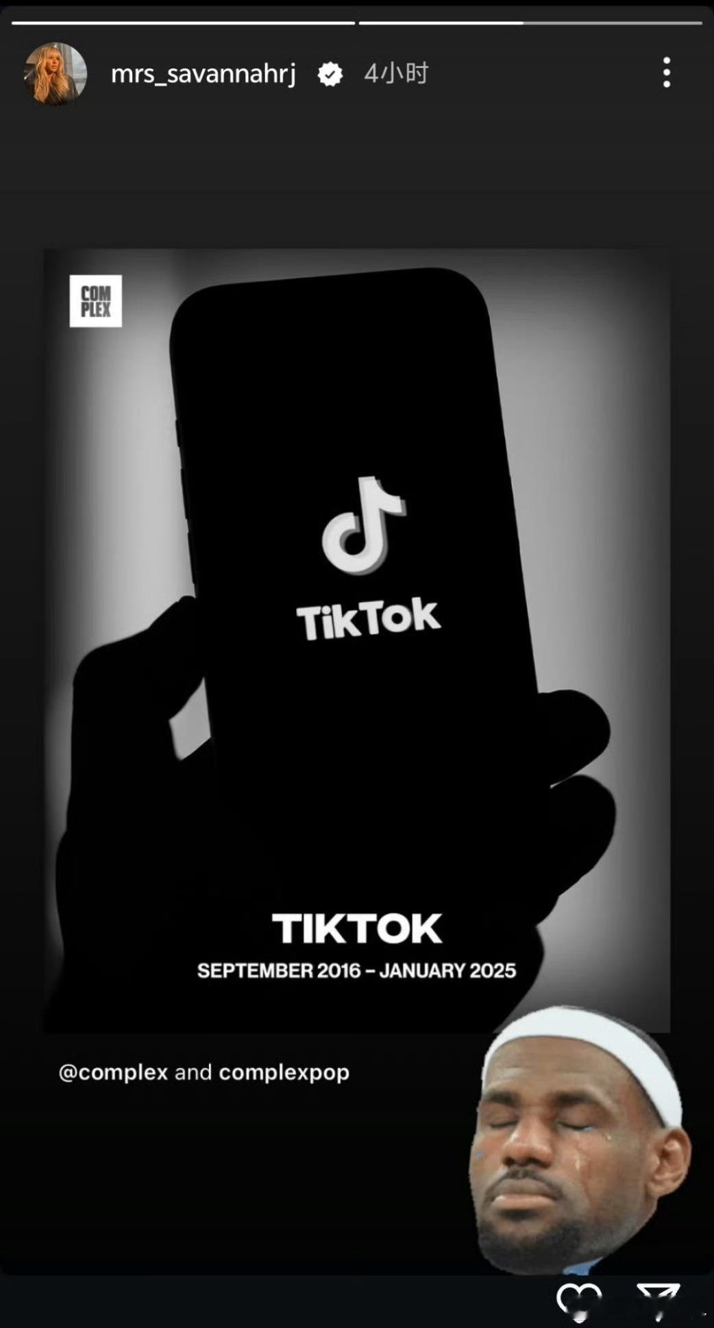 TikTok停止在美服务 詹姆斯老婆转发了 TikTok 被禁的新闻，并配了个老