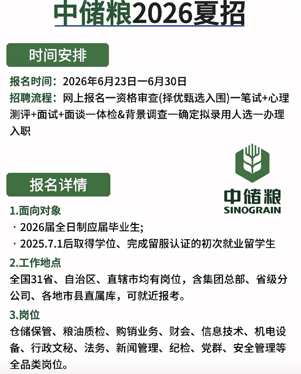 同学们，这次中储粮2026夏招的机会，别觉得“国企招聘离我远”，其实它就在你手边