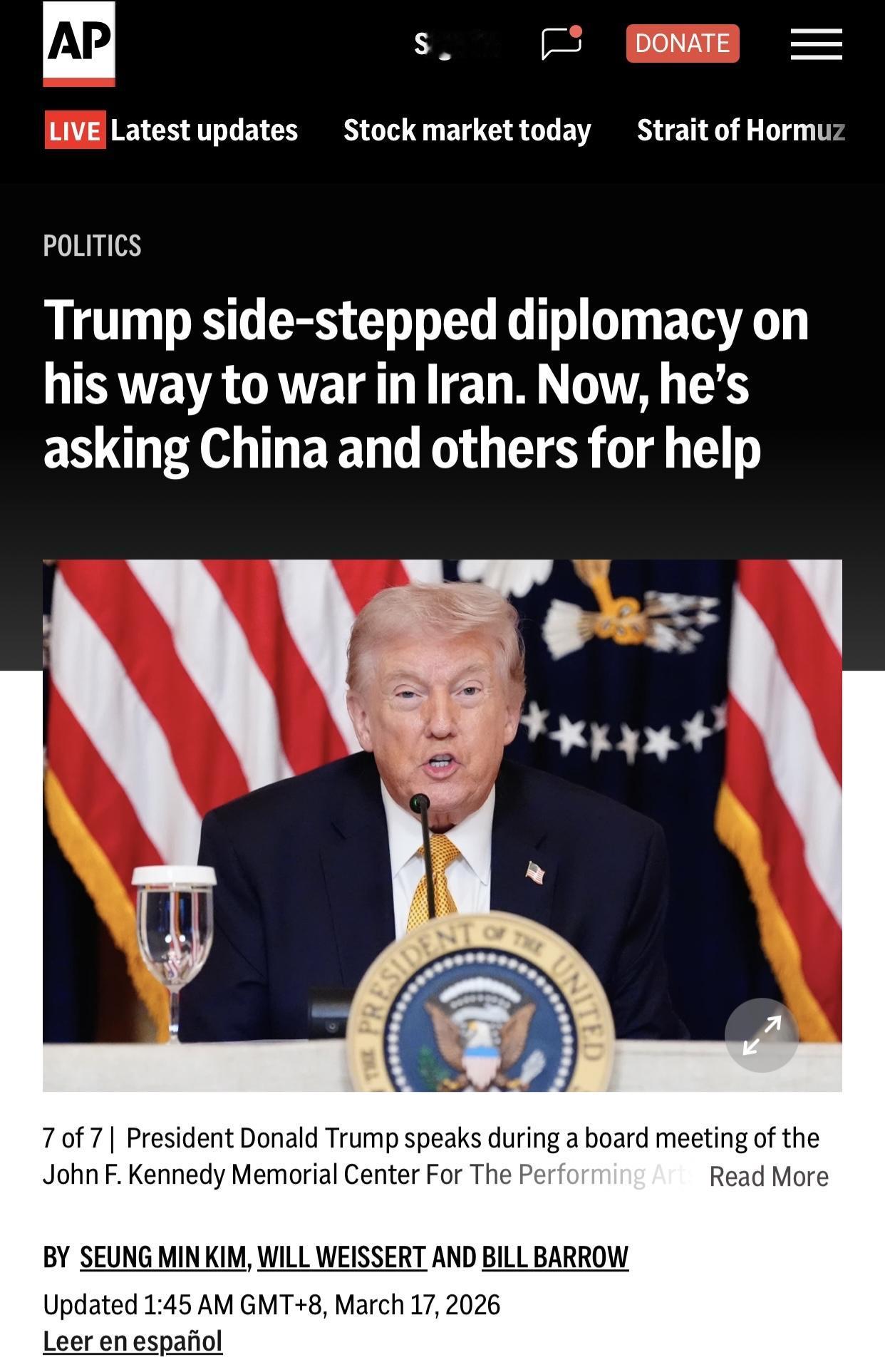 美联社：特朗普向中国及其他国家寻求收拾残局

美联社华盛顿3月17日电: 唐纳德