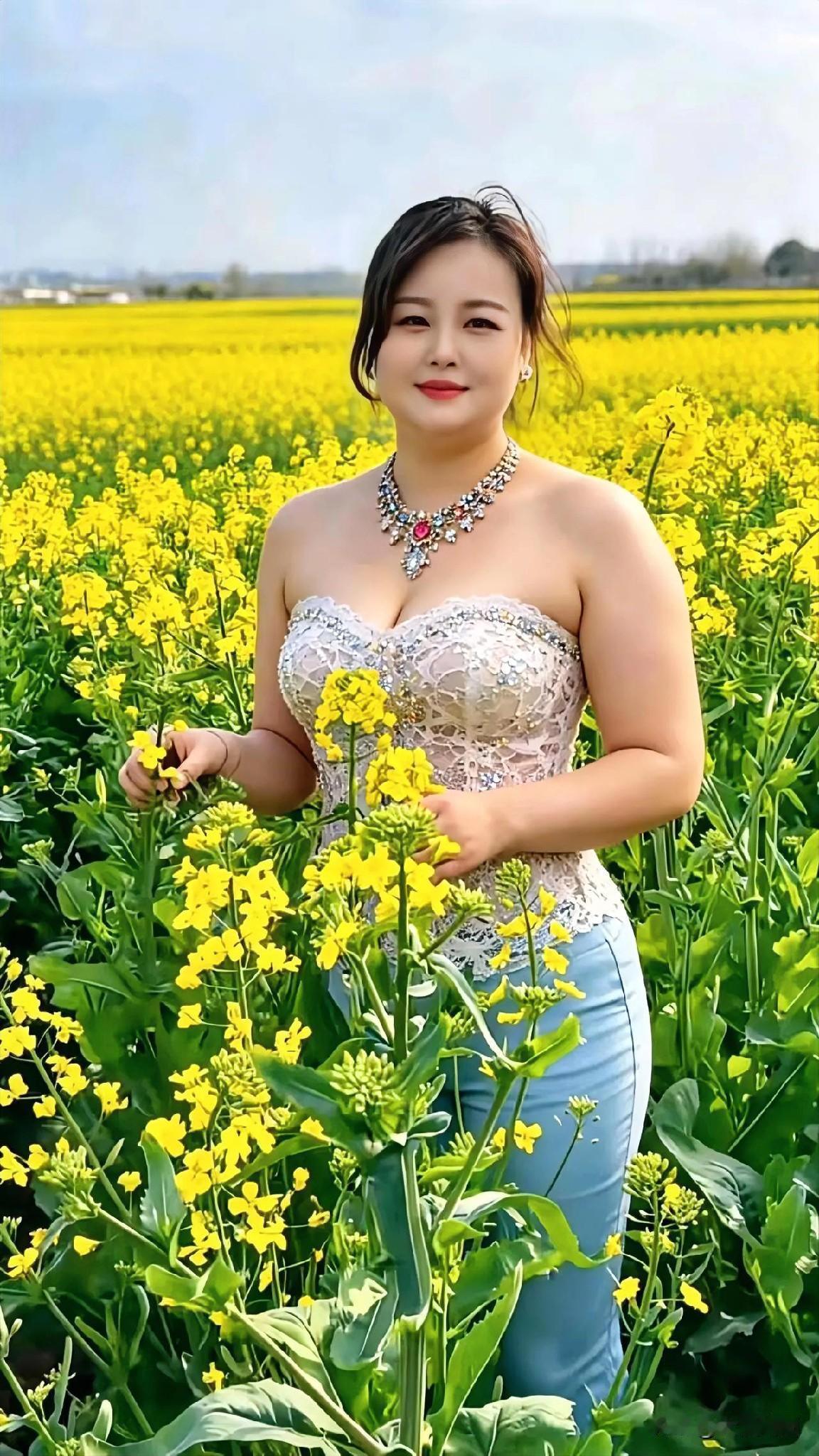 这位佳人在油菜花田中留影。油菜花田野风景 油菜花花田写真 油菜花田地写真 油菜花