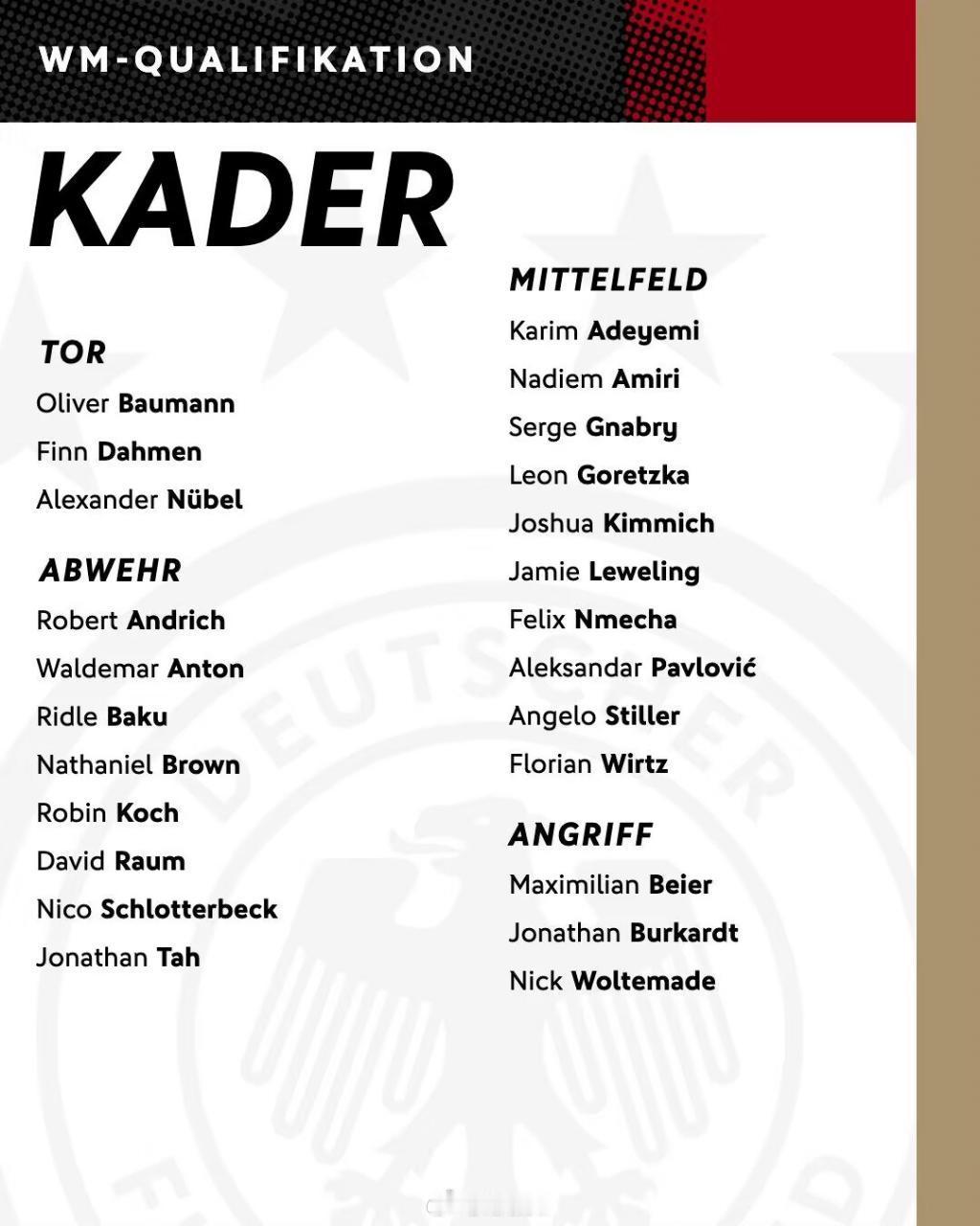 新一期德国队名单，只能用无聊来形容，法兰克福左后卫纳撒尼尔·布朗是唯一一个新人，