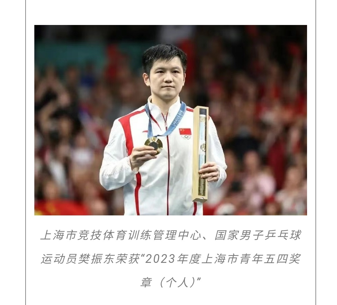 上海市竞技体育训练管理中心、国家男子乒乓球运动员樊振东荣获“2023年度上海市青