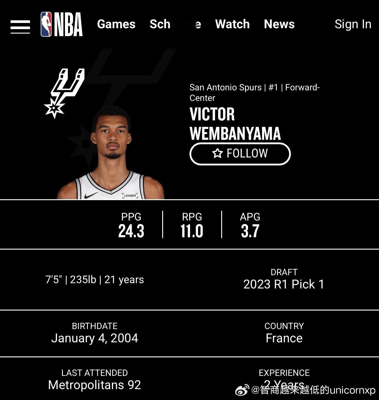 文班亚马在NBA官网的身高已经更新为226公分NBA[超话]文班亚马 ​​​