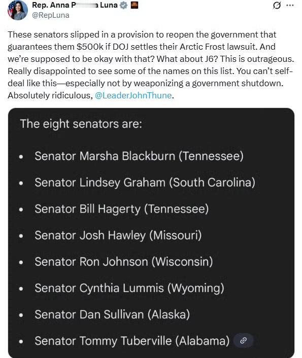 国会众议员安娜·保利娜·卢娜：

这些参议员偷偷加进了一条条款，以重启政府——如