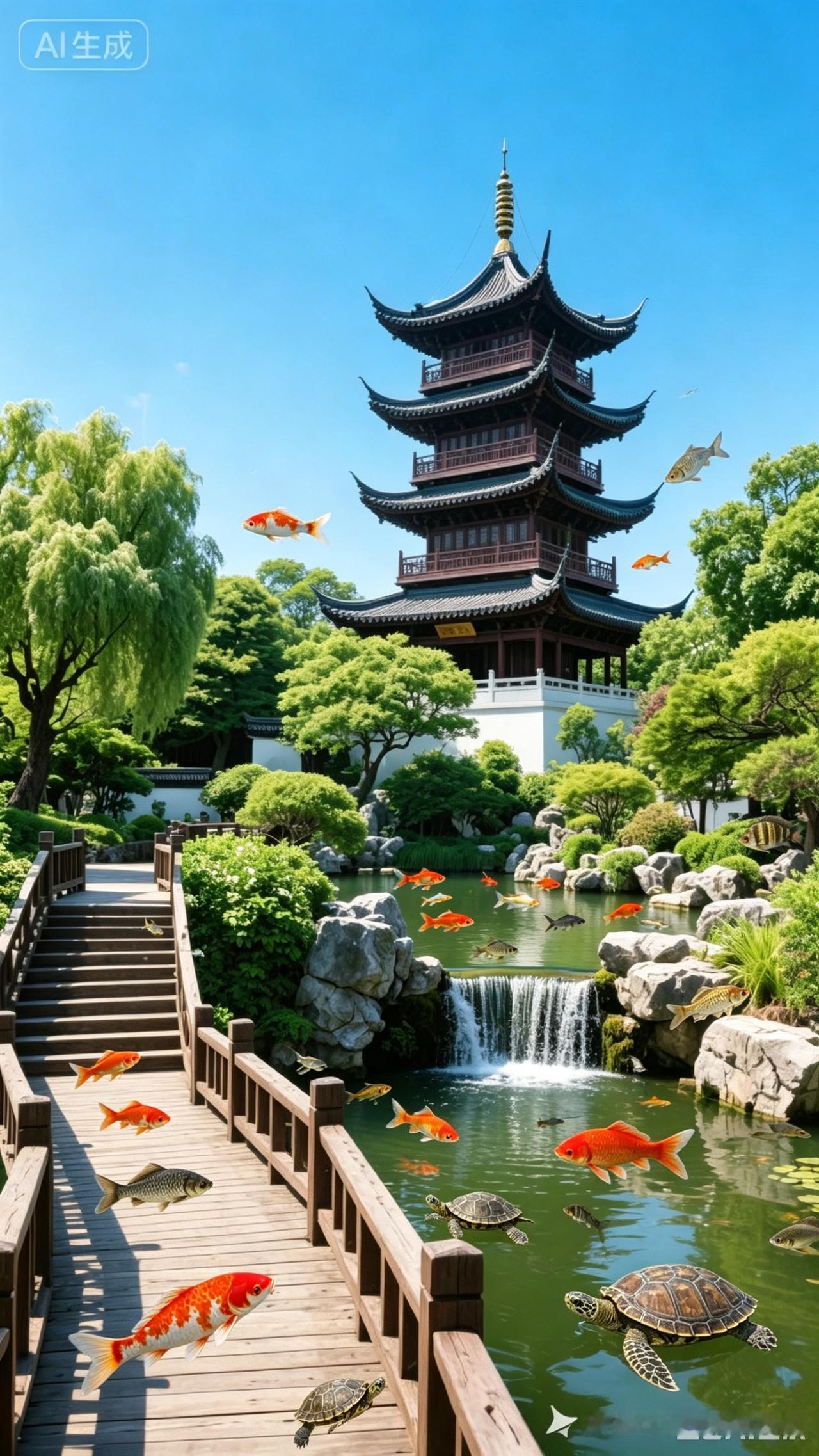 古园宝塔
古塔凌云，倒映于澄澈碧空；
亭园草木，葱茏似缥缈翠烟。
木桥横跨，曲径