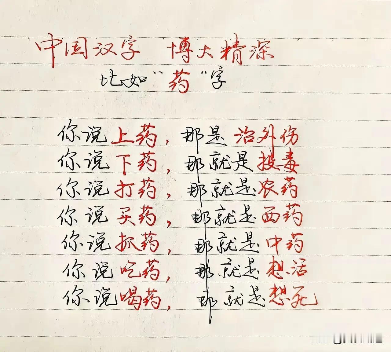 简简单单一个药字，
说法不同，
意思天差地别，
感受汉字独有的魅力
