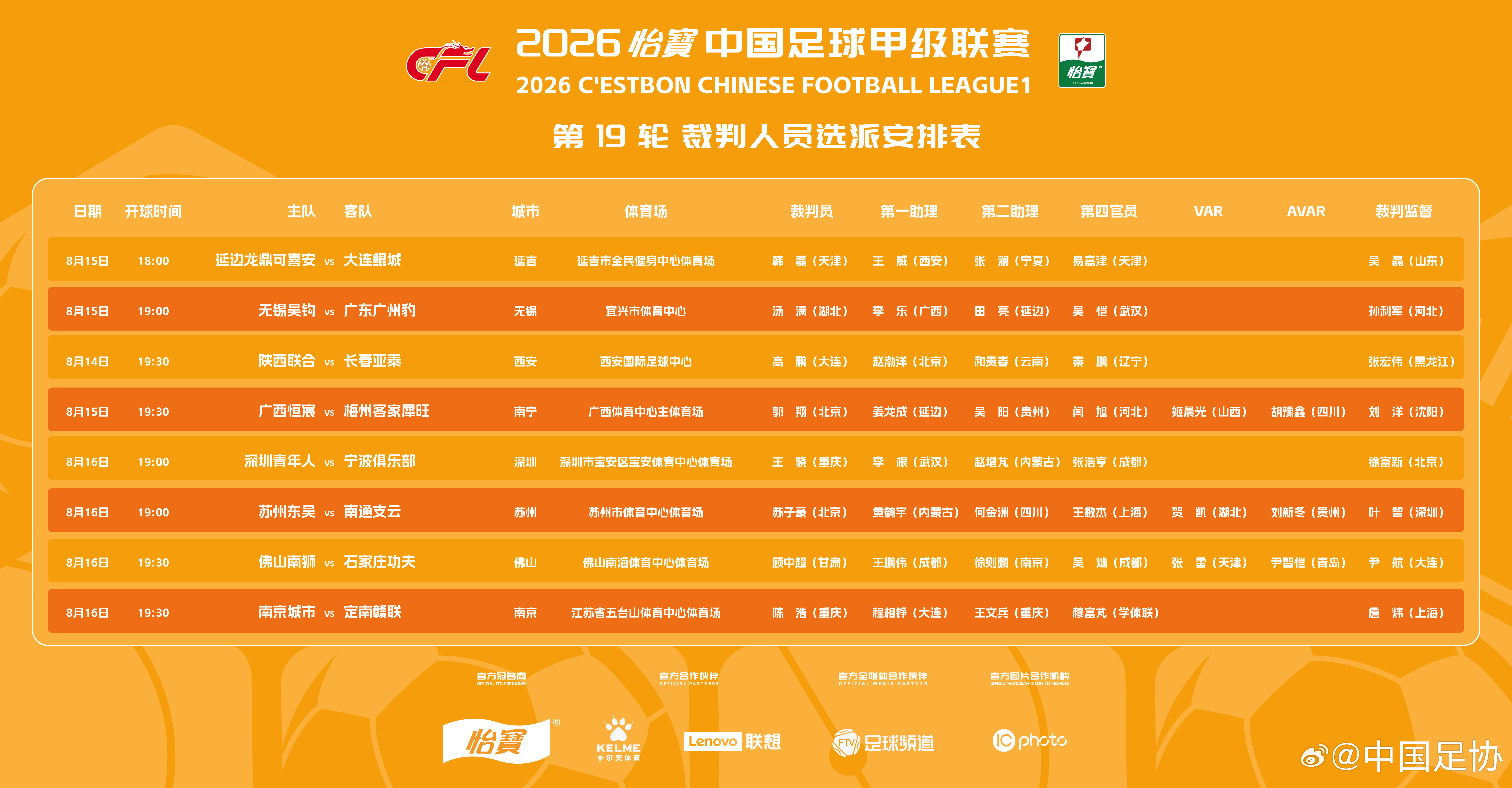 2026 怡宝中国足球超级联赛第 23 轮、中甲联赛第 19 轮裁判人员选派安排