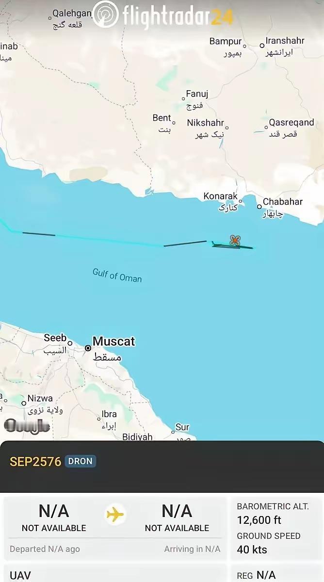 伊朗革命卫队的一架无人机已在恰巴哈尔南部和阿曼海上空巡逻了3个小时。