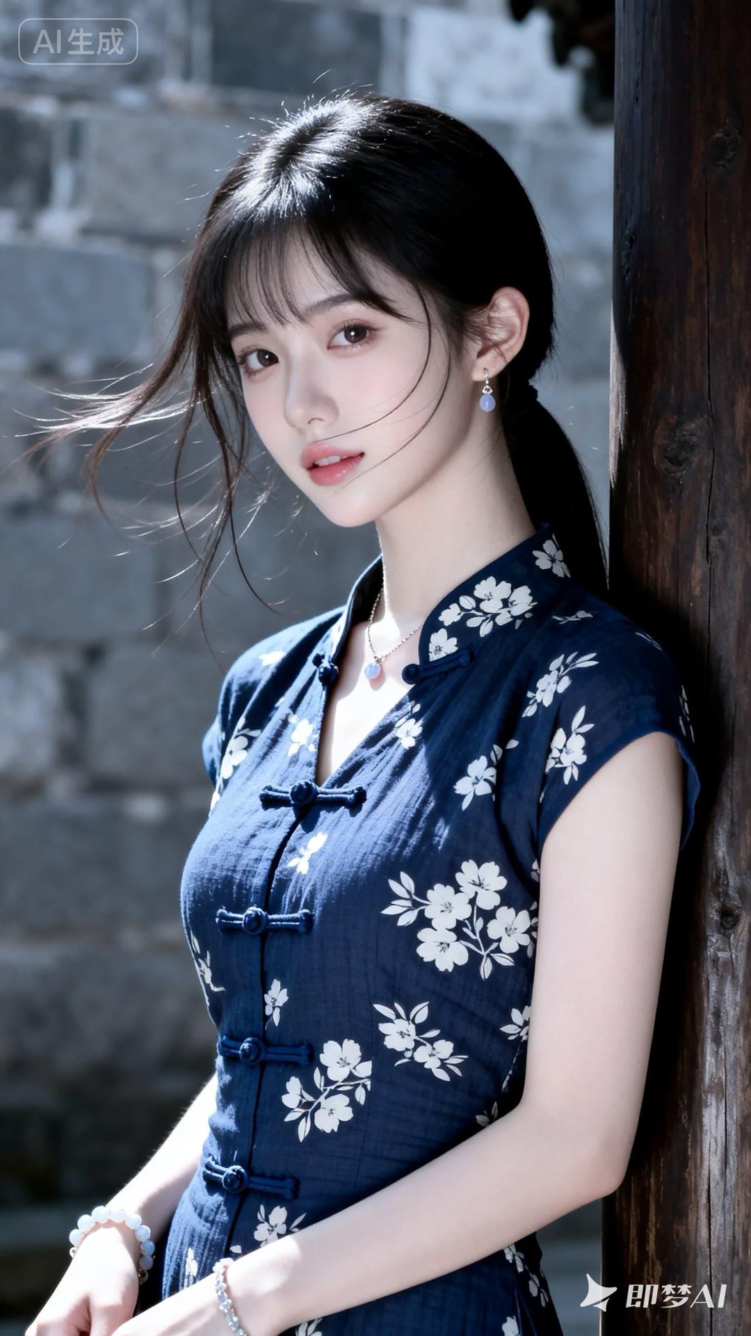 清新脱俗的少女，蓝花旗袍，古典韵味十足！