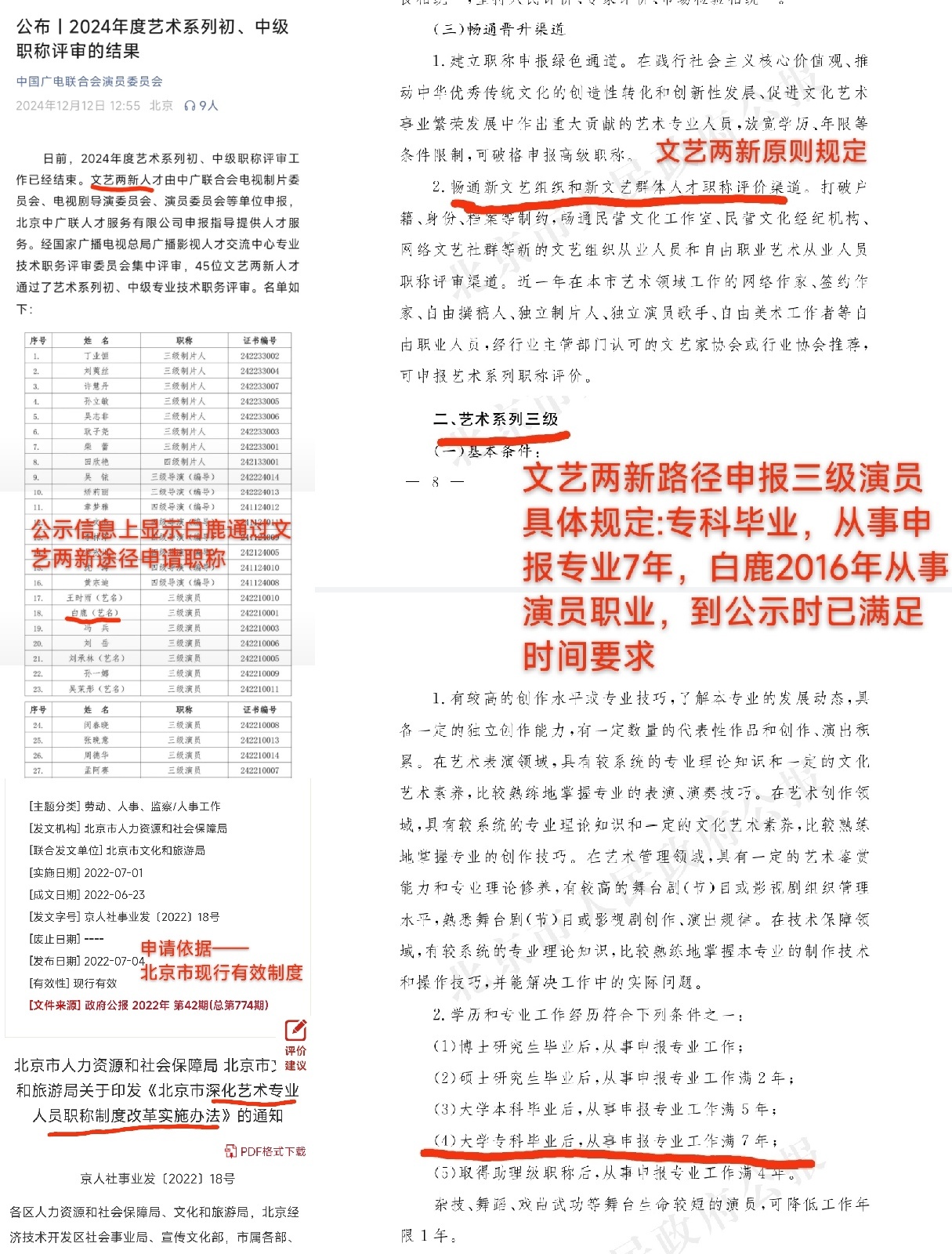 白鹿学历首先大专学历15年毕业 16年从事演员行业 然后文艺两新符合条例工作满7