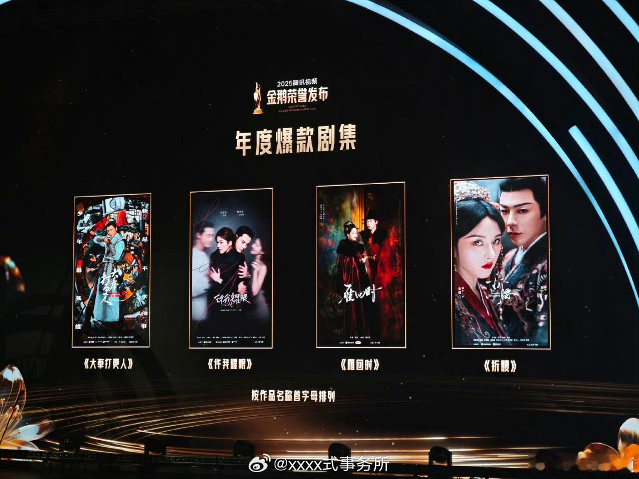 《大奉打更人》、《许我耀眼》、《雁回时》、《折腰》获得金鹅荣誉年度爆款剧集 