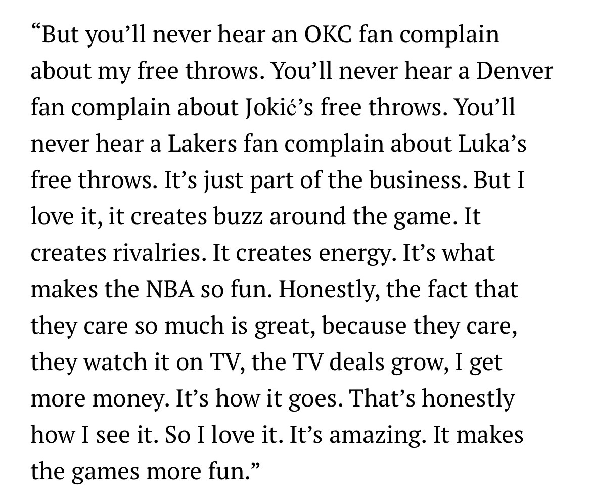 亚历山大表示：东契奇和约基奇的球迷，在自家球星获得罚球判罚时，从来不会抱怨。“但