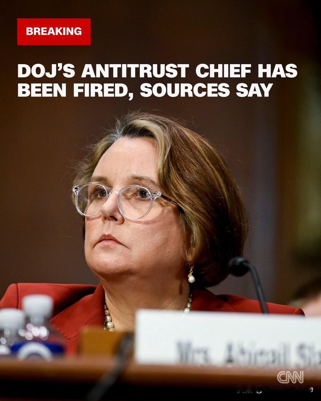 据 美国有线新闻网CNN 报道，美国司法部反垄断部门负责人因与司法部长帕姆·邦迪