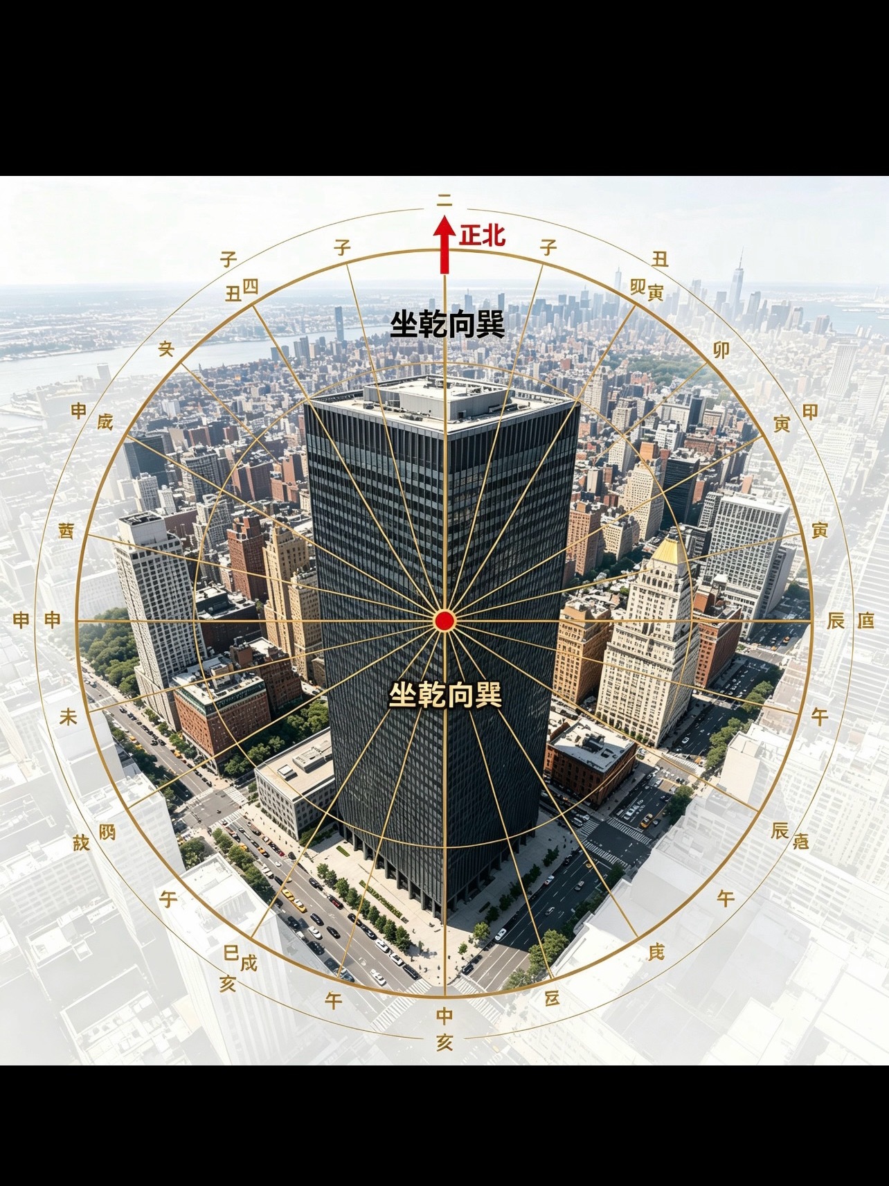 纽约前辉瑞大楼承重柱弯曲如面条 根据公开信息经查询比对，此楼坐乾向巽，标准西四乾