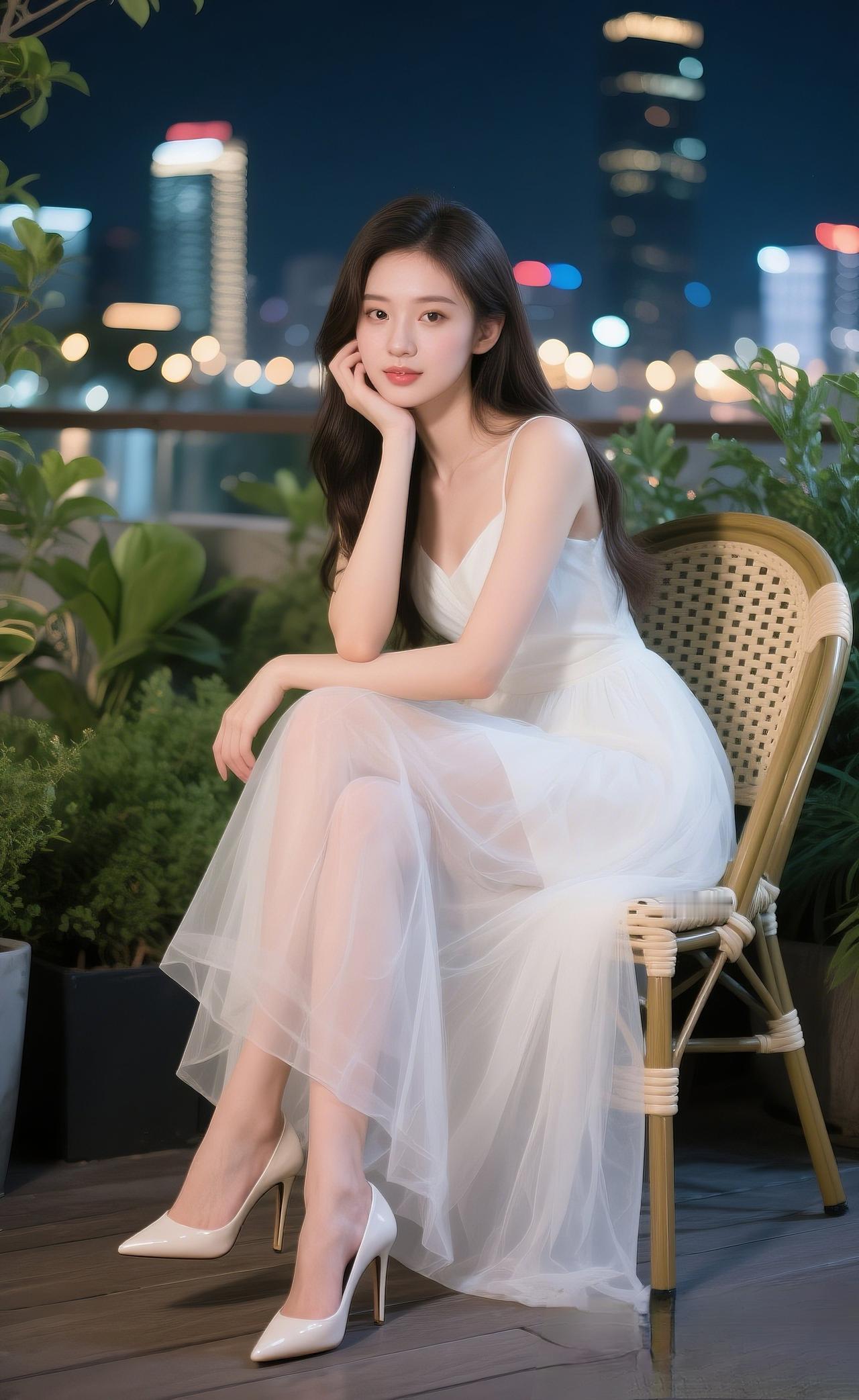 晚风轻拂夜色，城市灯火温柔散落。一袭白裙，静坐时光里，所有喧嚣都慢了下来，独留一