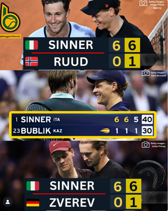 辛纳今年三次横扫比分，你们印象最深是？辛纳6-0/6-1鲁德辛纳6-1/6-1/