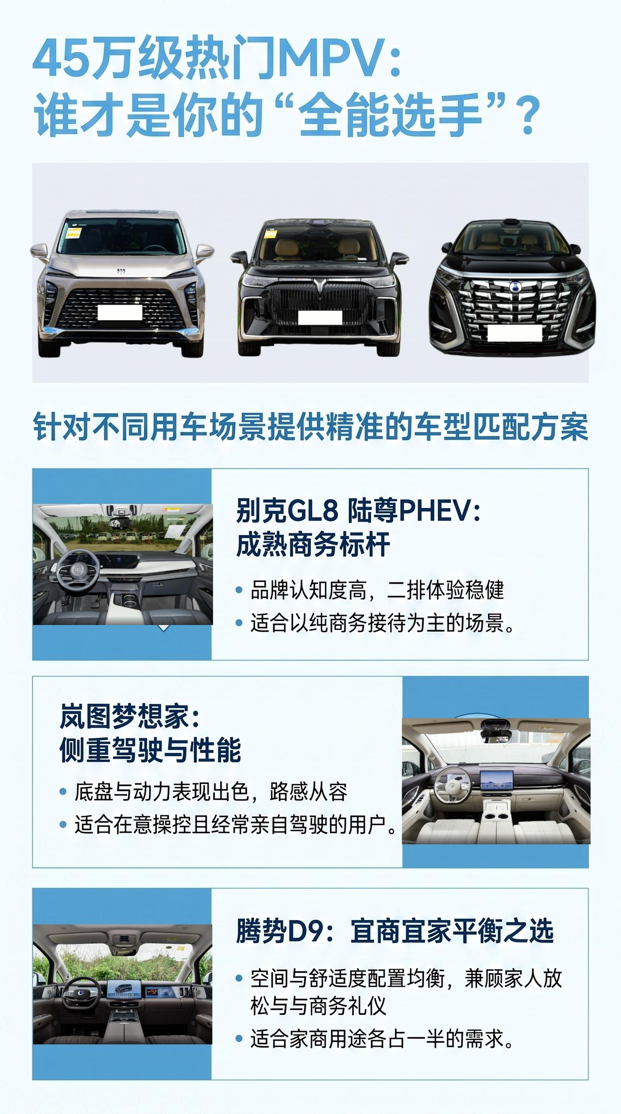 预算45万，腾势D9、梦想家、GL8陆尊PHEV怎么选？
商务接待又要带家人，品