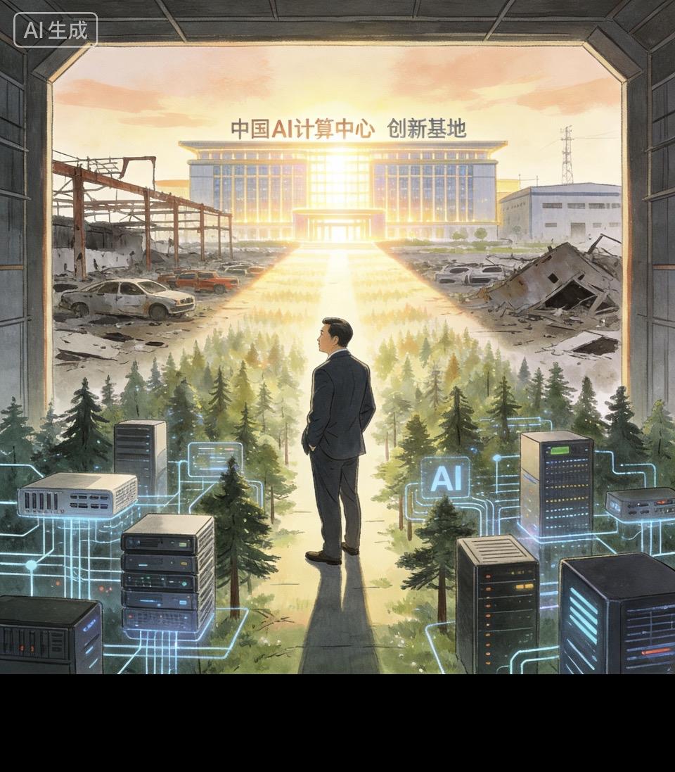 废墟之上，算力生长。当旧世界的残骸还在风中沉默，中国AI计算中心的光已穿透尘埃。
