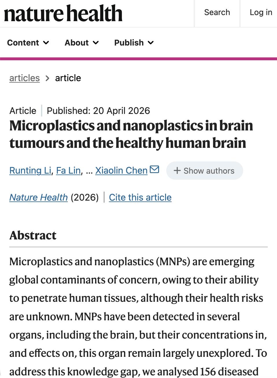外媒：《自然·健康》2026年4月20日发表的研究分析了113例脑肿瘤患者的15