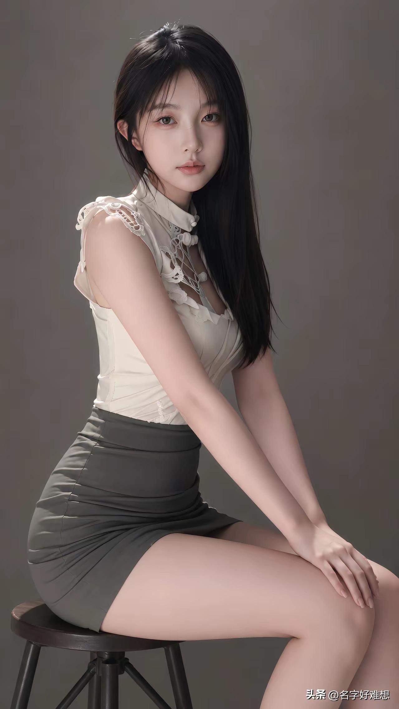 这姑娘坐在凳子上，看着镜头。