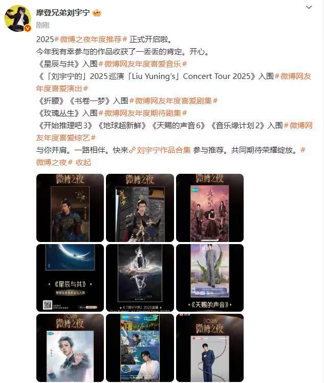 刘宇宁9部作品入围年度推荐刘宇宁说有幸参与的作品收获了一丢丢的肯定 刘宇宁9部作