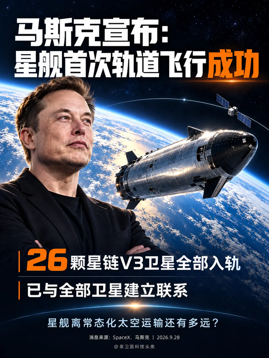 马斯克宣布：星舰首次轨道飞行成功。刚刚，今天（9月28日），Space...