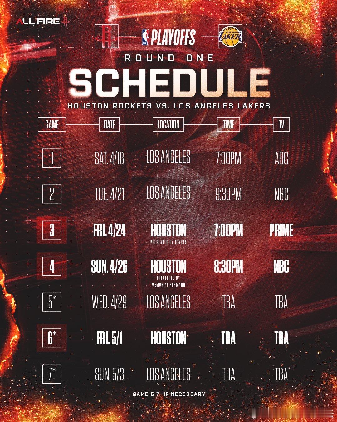 火湖大战首轮赛程表出炉。休斯顿火箭